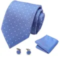 Blauwe gestippelde stropdas set met pochet en manchetknopen voor heren zakelijke mode. - Stijl S45