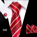 Klassieke rood-witte gestreepte heren formele zakelijke stropdas set met pochet en manchetknopen. - Stijl S46