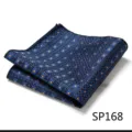 Detail shot of a blue and orange geometric patterned men's pocket square for suits. - Blue Orange Polka Dot Grid (SP168) / Dark Blue