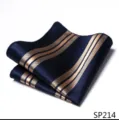 Detailopname van een donkerblauwe pochet met elegante goudkleurige strepen voor heren. - 12356-SP214