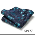 Detailed close-up of a dark blue mens pocket square with elegant floral embroidery for formal wear. - Floral Embroidery (SP177)