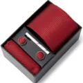 Men's Red Striped Tie Gift Set with Pocket Square Cufflinks Tie Clip for Business Suit - HB51