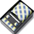 Men's blue yellow plaid tie gift box set with pocket square cufflinks and tie clip. - HB52