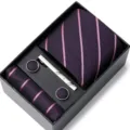 Mens Purple Striped Silk Feel Tie Gift Set with Pocket Square Cufflinks and Tie Clip - HB55