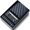 Coffret cadeau cravate rayée bleue homme avec boutons de manchette pince à cravate et pochette - HB57