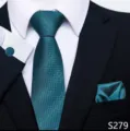Blauwgroene jacquard stropdas set voor heren met pochet en bijpassende manchetknopen. - Turquoise Groen Jacquard Stijl (S279)