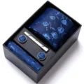 Men's blue floral jacquard silk necktie set with pocket square cufflinks and tie clip - HB167