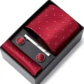Coffret cadeau cravate jacquard rayée rouge pour homme avec pochette boutons de manchette. - HB61