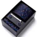 Men's business tie set gift box featuring classic blue paisley pattern with cufflinks and clip. - HB169