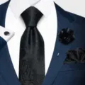 Ensemble cravate homme paisley noir avec poche carrée boutons de manchette et broche - 12648-SF08