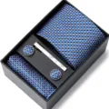 Coffret cadeau cravate pour homme bleu avec pochette, boutons de manchette et pince à cravate. - HB67