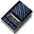Coffret cadeau cravate rayée bleue pour homme avec pochette pince à cravate boutons de manchette. - HB68