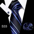 Klassieke blauwe en zwarte gestreepte stropdassenset met pochet en bijpassende manchetknopen set - S33