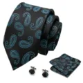 Heren zakelijke zwarte stropdas en pochette set met turquoise paisley patroon voor form. - Stijl S73
