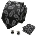 Zwarte stropdas met paisley motief, pochet en manchetknopen set voor formele details. - Stijl S74