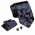 Herren Donkerblauw Paisley Stropdas Zakdoek Manchetknopen Set Formele Bruiloft - Stijl S75