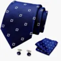 Klassieke blauwe das met geometrisch patroon pochet en manchetknopen set voor herenmode. - Stijl S56