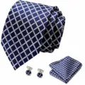 Blauwe ruitdessin stropdas set met zakdoek en manchetknopen voor formele zakenkleding. - Stijl S79