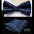 Men jacquard bow tie pocket square cufflinks set, detail view of blue orange patterned formal suit accessories. - JP168