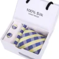 Luxus Seidenkrawatte und Manschettenknöpfe Geschenkset in Blau Gelb, ideal für Business Anlässe. - SB52