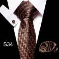 Bruine geprofileerde heren stropdas set met pochet en manchetknop, klassieke formele stijl. - Stijl S34