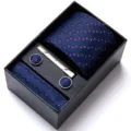 Men's business tie set with patterned navy blue necktie pocket square cufflinks and tie clip. - HB176