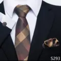 Mooie Heren Klassieke Ruitjes Das Zakdoek Manchetknopen Set Voor Zakelijk Kostuum - Bruin-Gouden Ruit Stijl (S293)