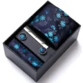 Men's Premium Navy Blue Floral Jacquard Necktie Pocket Square Cufflinks and Tie Clip Set - HB177