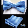 Men's blue wave pattern jacquard bow tie pocket square cufflinks set for business wedding. - JP174