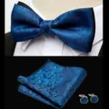 Men's blue jacquard bow tie pocket square and cufflinks set for wedding business formal suits. - JP175