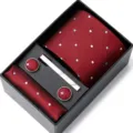 Coffret cadeau cravate rouge à pois avec pochette et boutons de manchette pour homme. - HB77