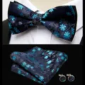 Men jacquard bow tie pocket square cufflinks set wedding suit accessories dark blue floral - JP177