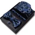 Heren blauwe geometrische jacquard stropdas pochet vlinderdas manchetknopen set. - WB253