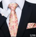 Heren zakelijk huwelijk bloemen jacquard stropdas pochet manchetknopen set formal - Gouden Basis Roze Bloemen Stijl (S298)