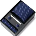 Coffret cadeau cravate homme jacquard à pois bleus avec boutons de manchette et boîte - HB78