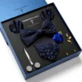 Heren blauwe bloemige stropdas vlinderdas pochet manchetknopen cadeau set doos - LB169