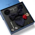 Heren pak accessoire cadeau set met blauwe jacquard vlinderdas zakdoek manchetknopen - LB170