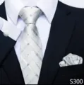 Detailopname van een herenstropdas met ruitjespatroon, pochet en bijpassende manchetknopen. - Zilvergris met Blauwe Ruit Stijl (S300)