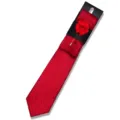 Men's red jacquard tie set featuring a stylish geometric pattern, pocket square and floral lapel pin. - AF179