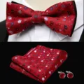 Red floral mens bow tie pocket square cufflinks set for wedding business suit wear. - JP180