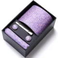 Men's purple jacquard tie set with pocket square cufflinks and tie clip in a gift box. - HB183