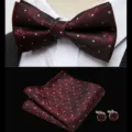 Men burgundy jacquard bow tie pocket square cufflinks set wedding suit accessories - JP181