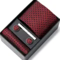 Ensemble cravate jacquard rouge homme avec boutons de manchette et pince à cravate - HB83