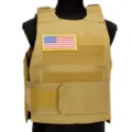 Khaki tactical vest detail, MOLLE webbing system, adjustable waist strap outdoor gear. - One Size / Tan