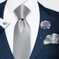 Conjunto corbata gris plateado pañuelo flor solapa gemelos negocios ropa formal - 12648-SF207