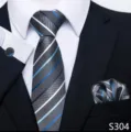 Heren zakelijke stropdas set met pochet en manchetknopen formele trouwpak accessoire - Grijs-Zwart met Blauw-Witte Strepen Stijl (S304)