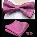 Men pink jacquard bow tie pocket square and cufflinks set for wedding suit accessories details - JP182