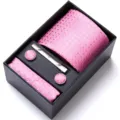 Pink men's business jacquard tie set with pocket square, cufflinks and tie clip. - HB184