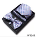 Stijlvolle blauwe ruit jacquard heren stropdas vlinderdas manchetknopen cadeau set - WB243