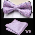 Purple jacquard men bowtie pocket square cufflinks set, elegant wedding suit accessory detail. - JP183